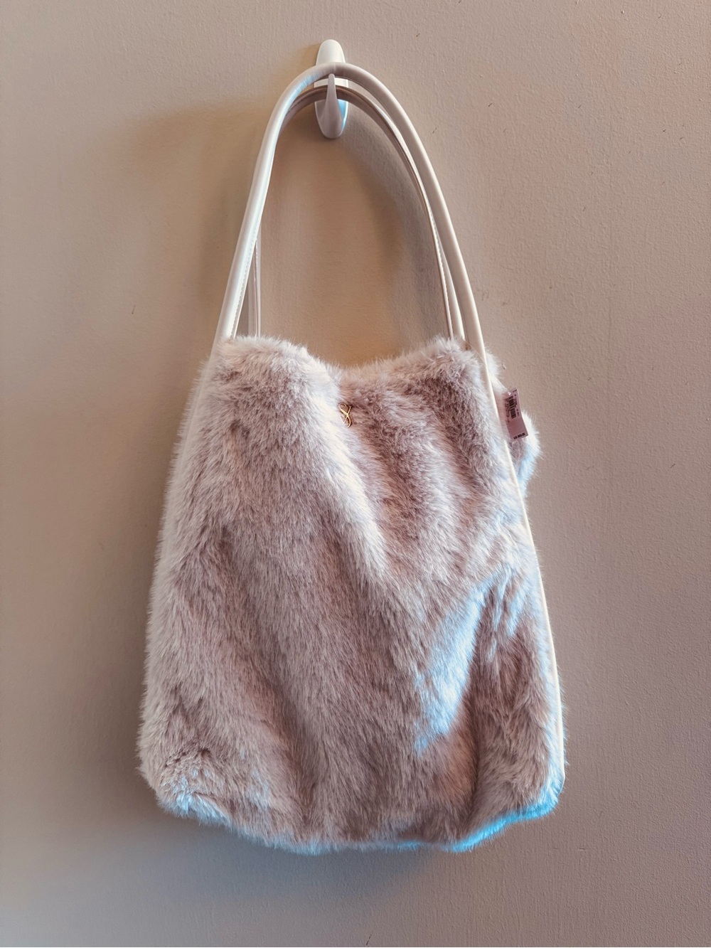 Victoria's Secret Faux Fur Tote Bag Ivory White Gold Logo NWT